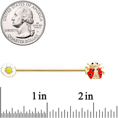 14G Clear Gem Gold Tone Ladybug Flower Industrial Barbell 38mm