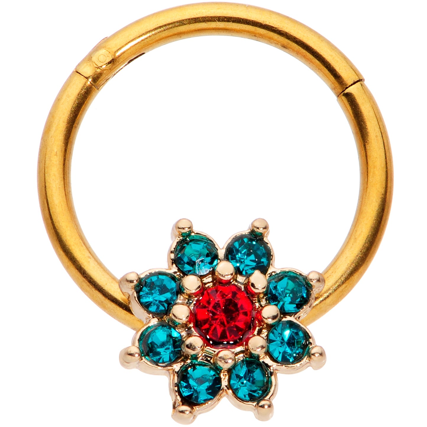 16G 5/16 Red Gem Gold Tone Christmas Flower Hinged Segment Ring