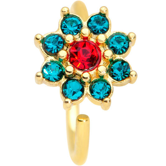18G 3/8 Red Green Gem Gold Tone Christmas Flower Nose Hoop