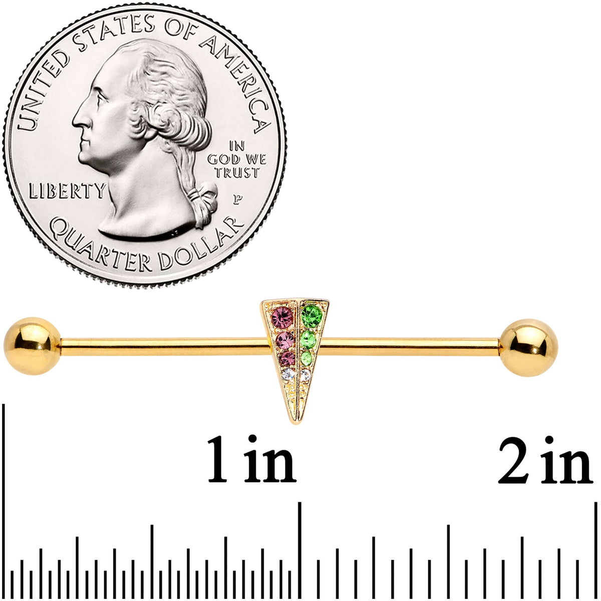 14G Pink Green Gem Gold Tone Triangle Industrial Barbell 38mm