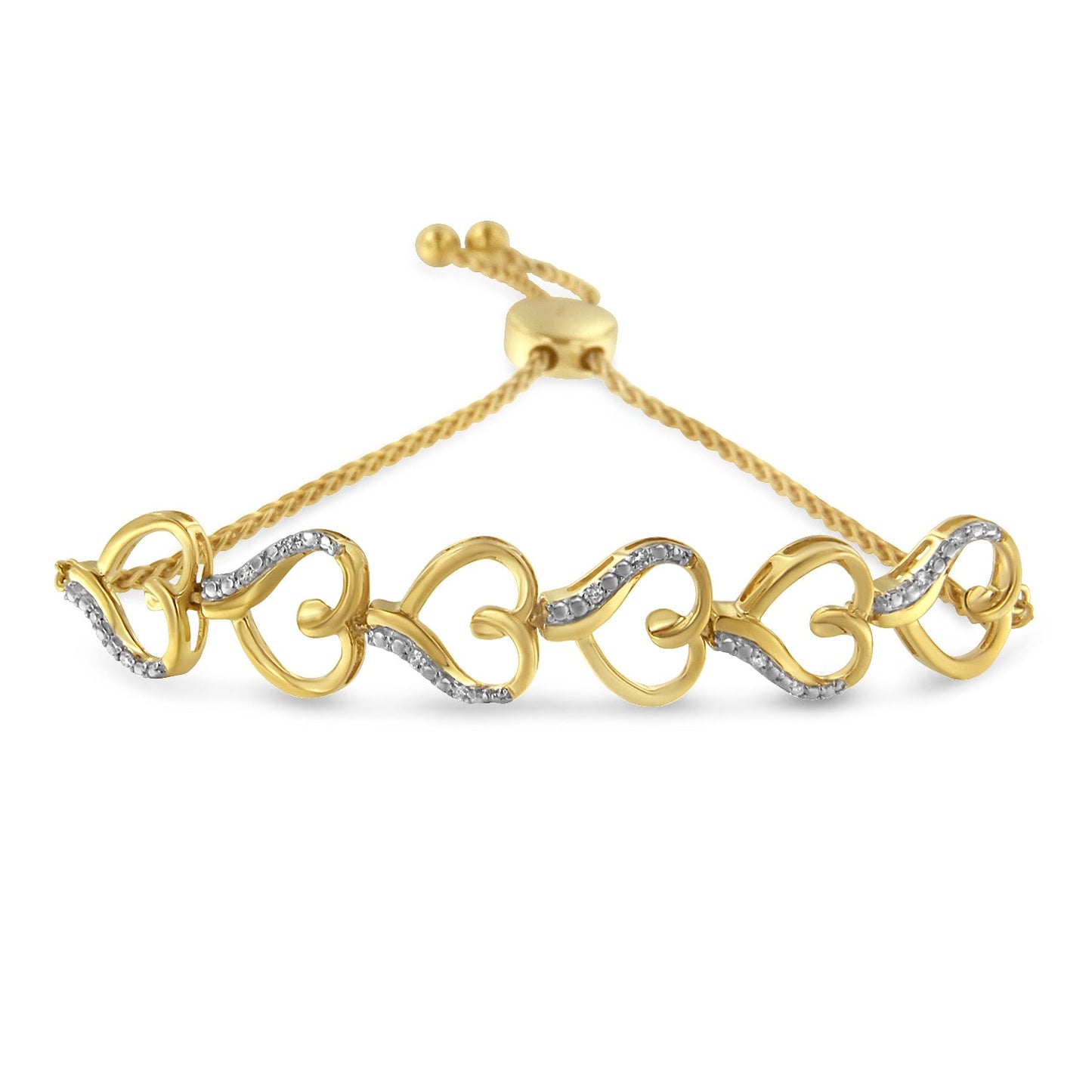 10K Yellow Gold over .925 Sterling Silver Diamond Accented Open Hearts 6â€-9â€ Adjustable Chain Bolo Bracelet (H-I Color, I2-I3 Clarity)