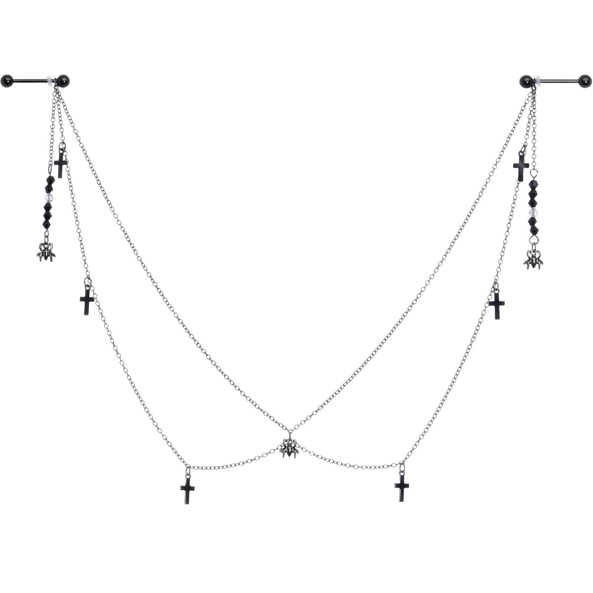 14G 9/16 Black Gem Spider Cross Halloween Dangle Nipple Chain