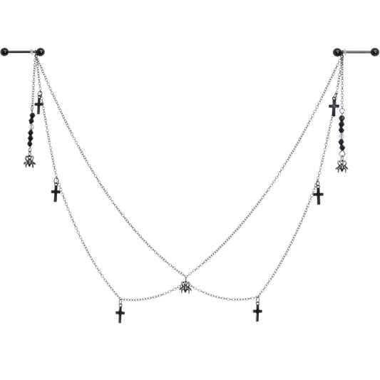 14G 9/16 Black Gem Spider Cross Halloween Dangle Nipple Chain