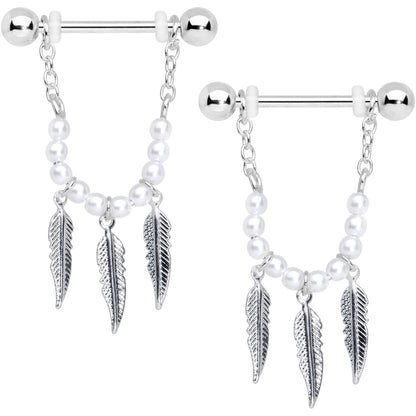 14G 5/8 White Pearlescent Bead Feather Dangle Nipple Ring Set
