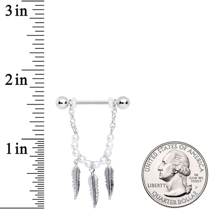 14G 5/8 White Pearlescent Bead Feather Dangle Nipple Ring Set