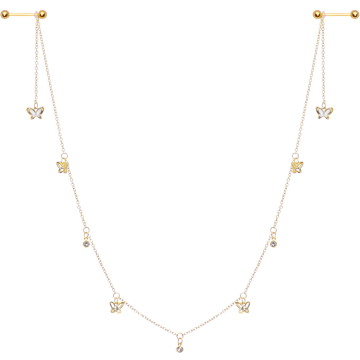 14G 9/16 Clear Gem Gold Tone Butterfly Dangle Nipple Chain