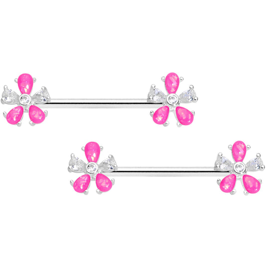 14G 9/16 Pink Faux Opal Flower Barbell Nipple Ring Set