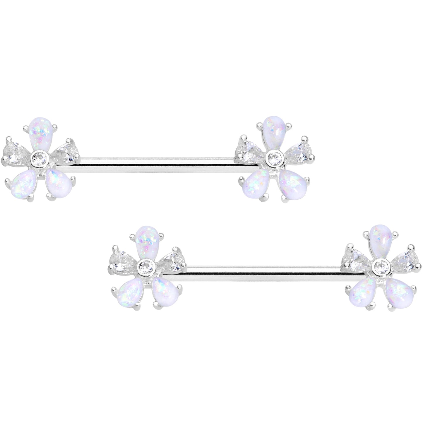 14G 9/16 White Faux Opal Flower Barbell Nipple Ring Set