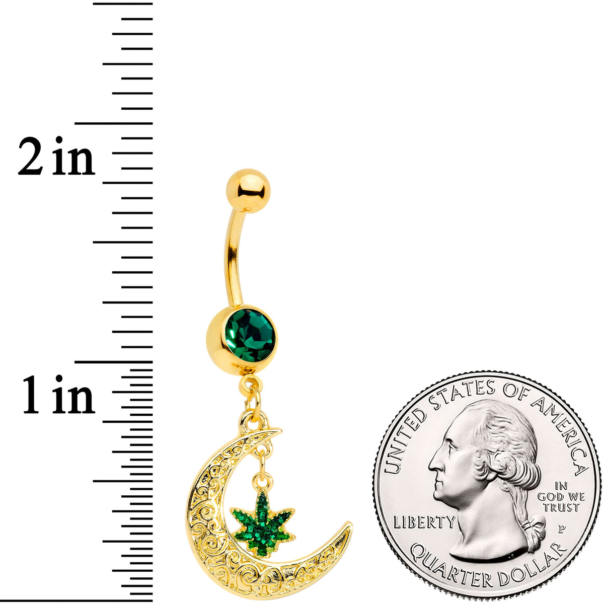 Green Gem Gold Tone Marijuana Pot Leaf Moon Dangle Belly Ring