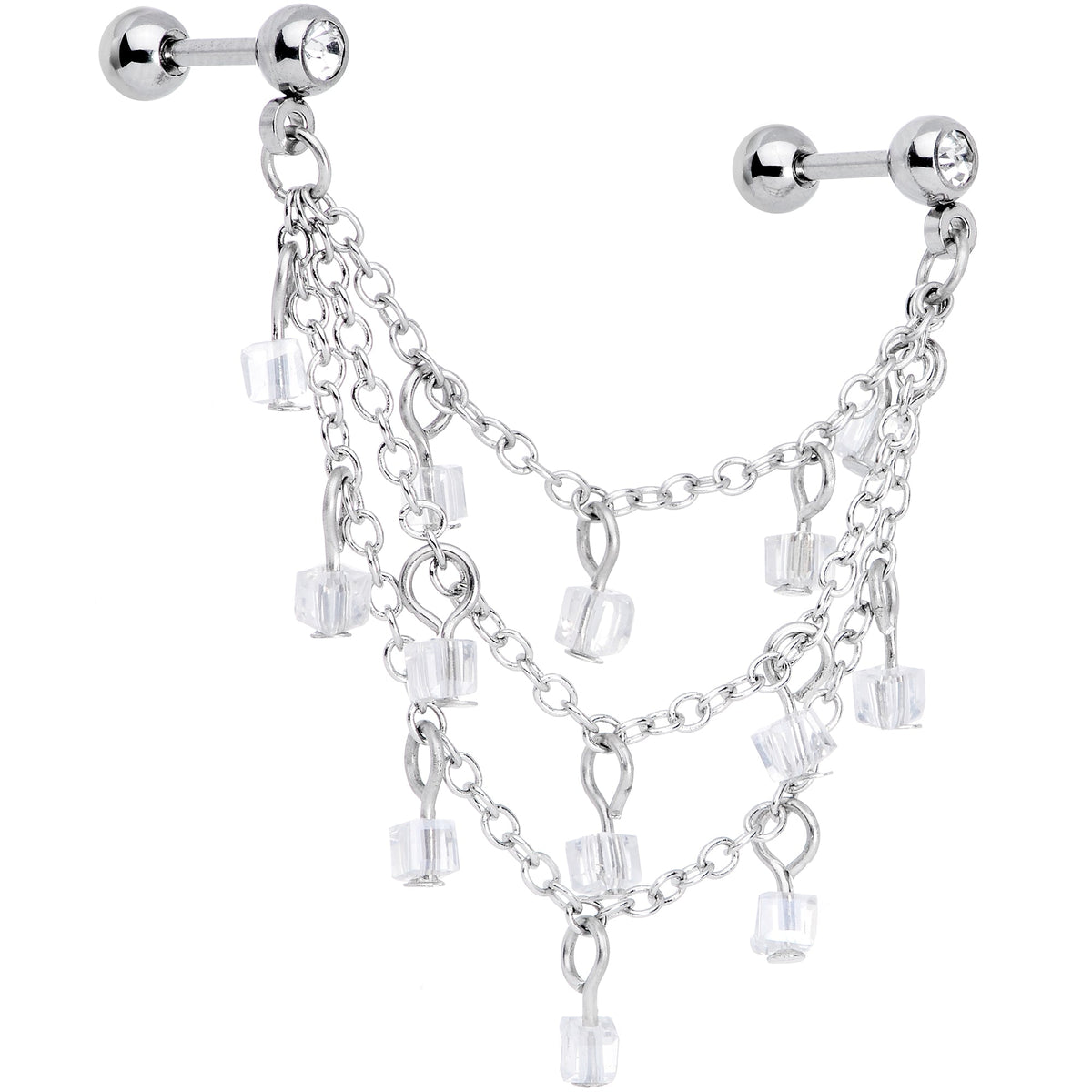 16G 1/4 Clear Gem Clear Cube Triple Dangle Cartilage Chain Earring