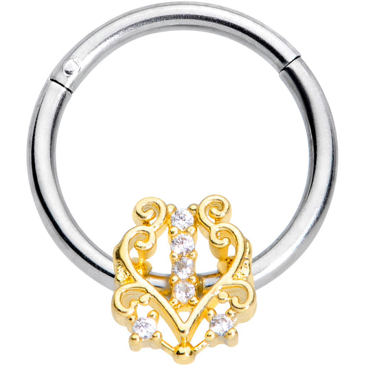 16G 3/8 Clear CZ Gem Fancy Heart Hinged Segment Ring