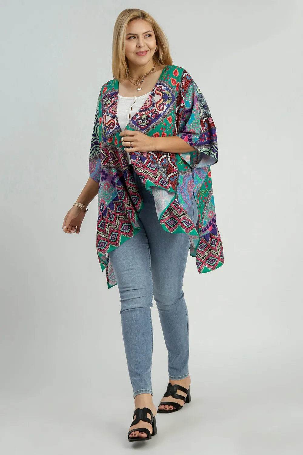 Umgee Full Size Mixed Print Ruffle Hem Open Front Cover Up Plus Size