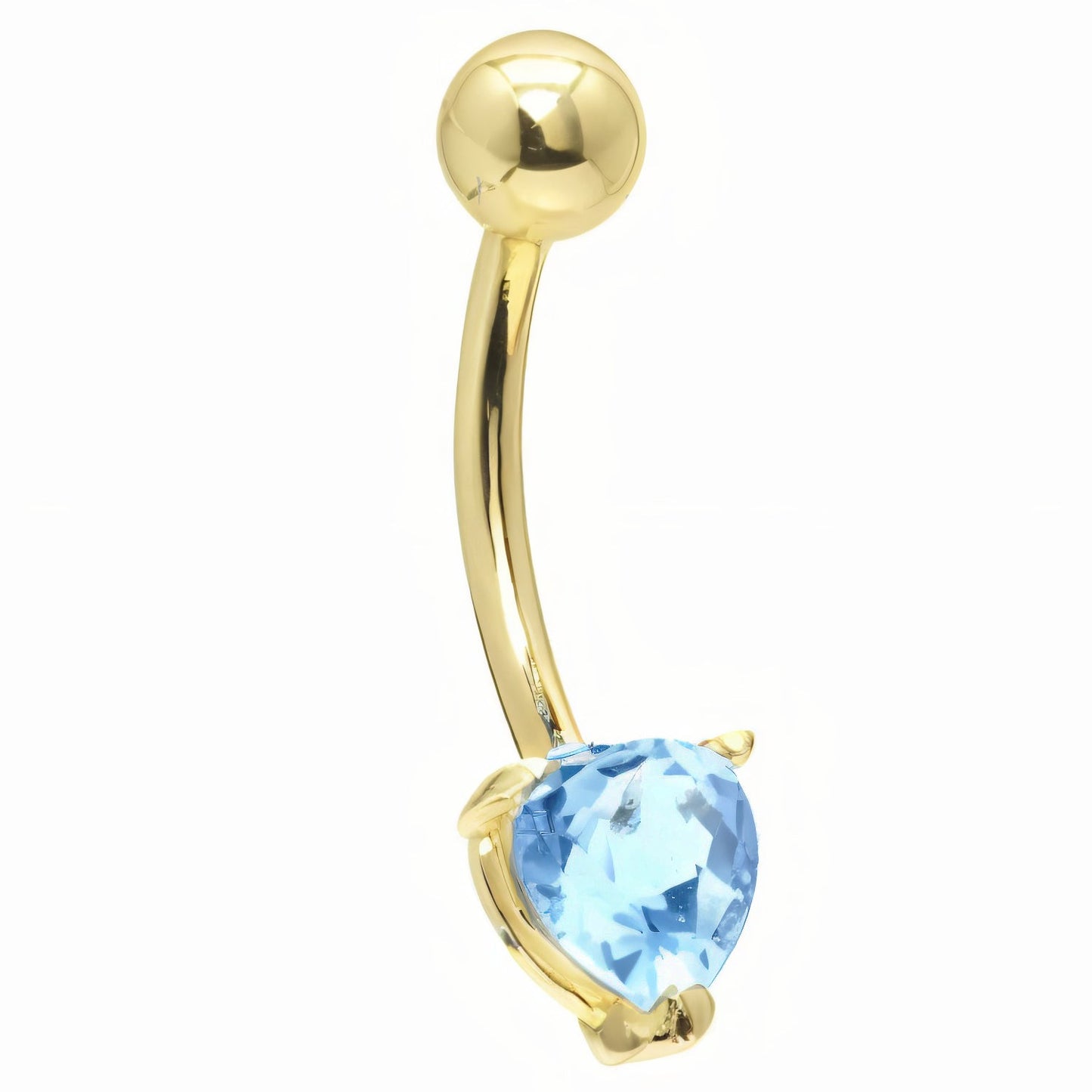 16G Solid 14K Yellow Gold Genuine Blue Topaz Heart Solitaire Belly Ring