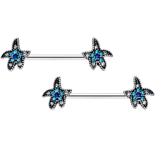 14G 5/8 Clear Aqua Gem Starfish Barbell Nipple Ring Set