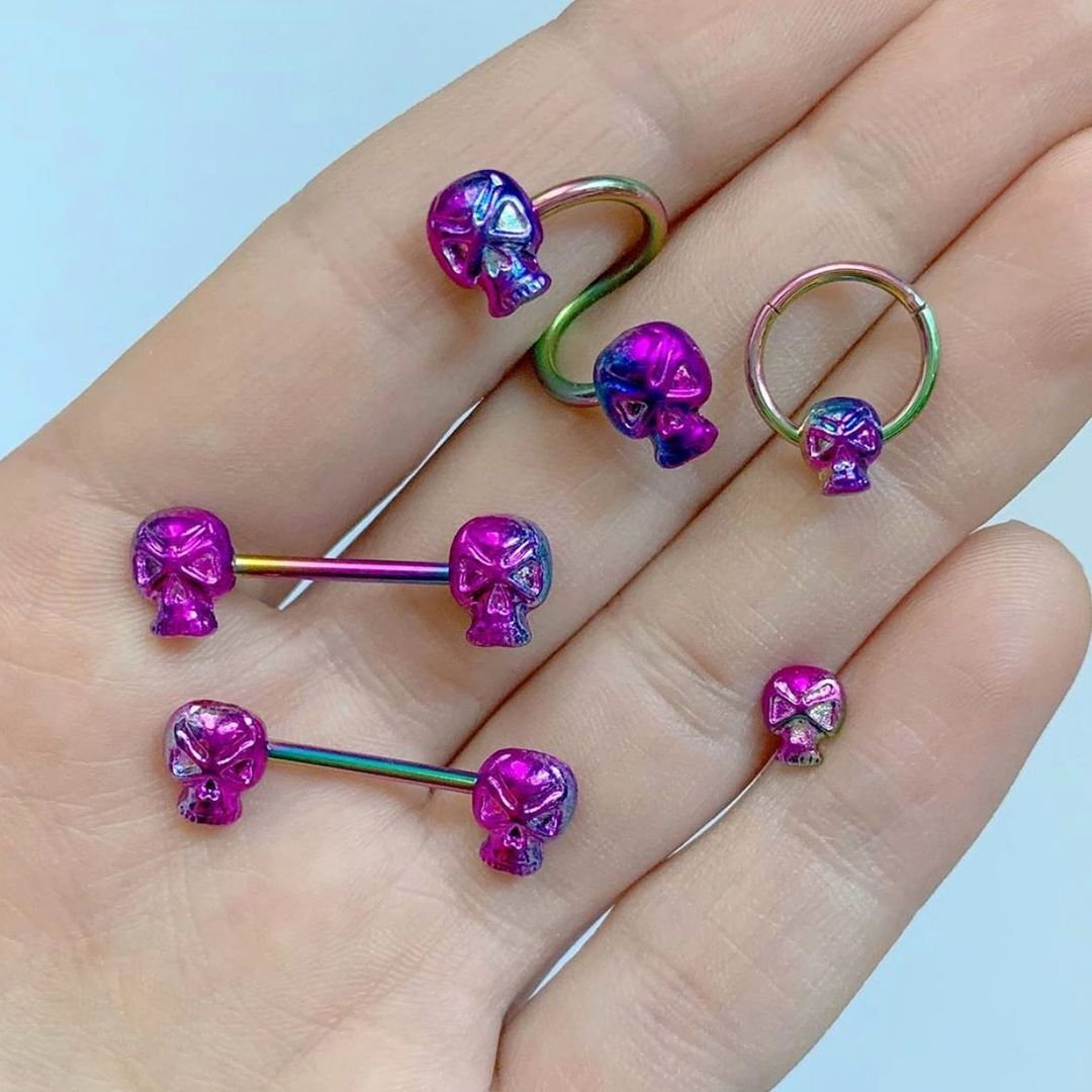 Rainbow Plated Scary Skull Spiral Twister Belly Ring