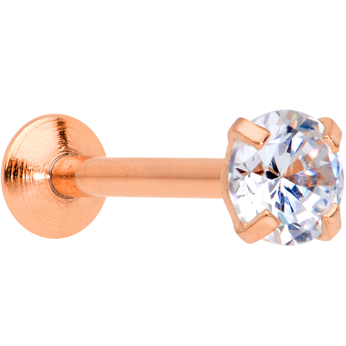 18G 5/16 CZ Rose Gold PVD 3mm Threadless Push In Labret Tragus