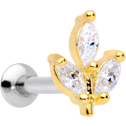 16G 5/16 CZ Gem Gold PVD Leaf Threadless Push In Labret Tragus