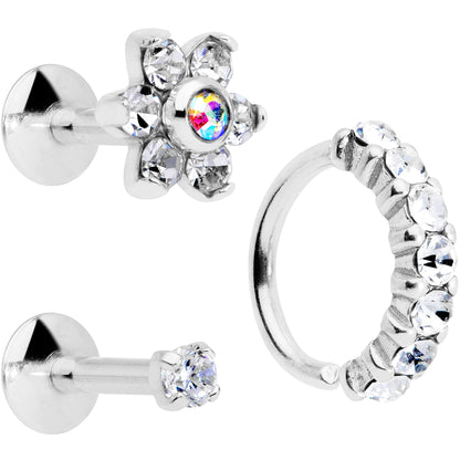 16G Clear CZ Gem Cartilage Labret Closure Ring Set of 3