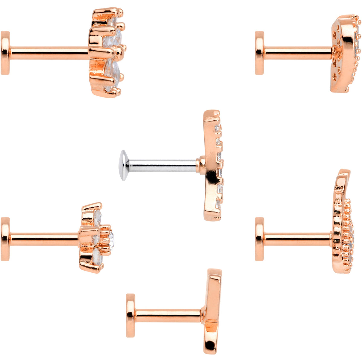 16G 1/4 CZ Rose Gold Tone Internal Thread Labret Tragus Set of 6