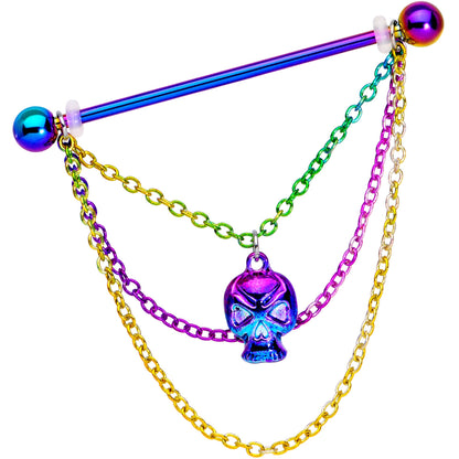 14G Rainbow Scary Skull Chain Dangle Industrial Barbell 38mm