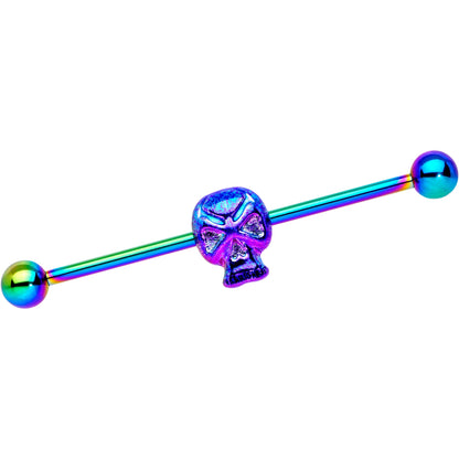 14G Rainbow Plated Scary Skull Industrial Barbell 38mm