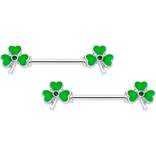 14G 5/8 Black Gem Green St Pats Shamrock Barbell Nipple Ring Set