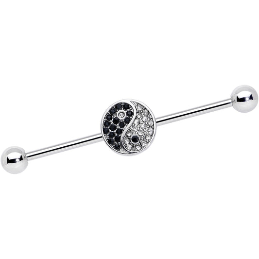 14G Clear Black Gem Yin Yang Industrial Barbell 38mm