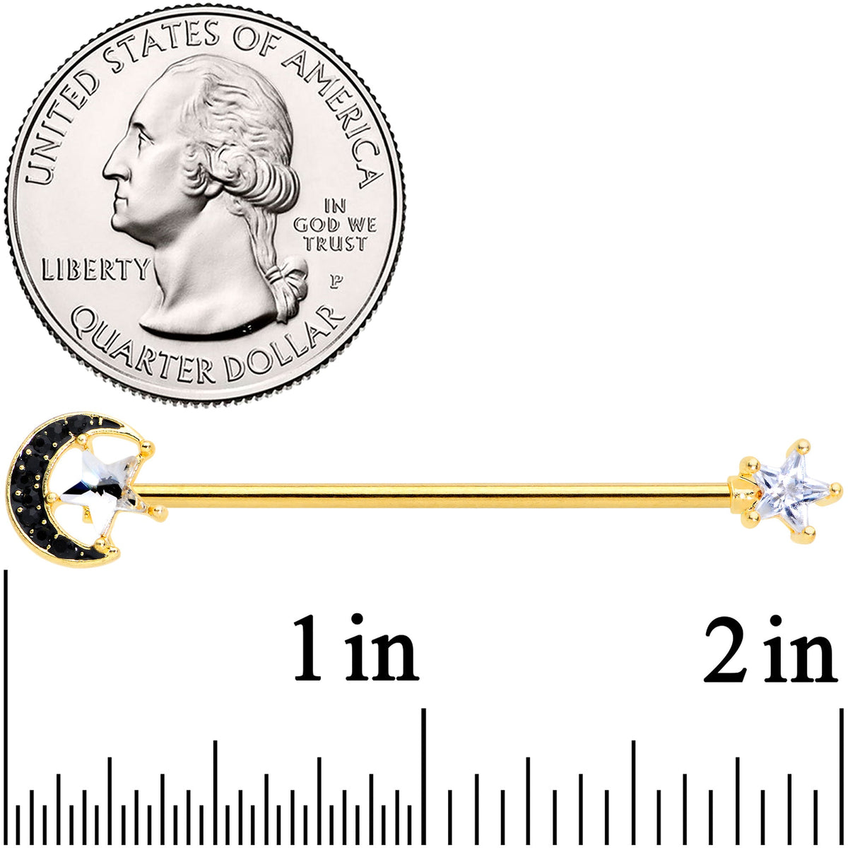 14G Clear CZ Gem Gold Hue Star Black Moon Industrial Barbell 38mm