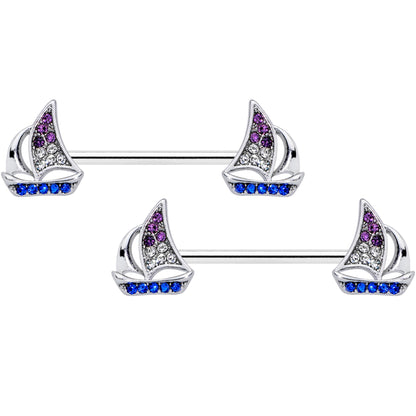 14G 5/8 Blue Purple Clear Gem Sailboat Barbell Nipple Ring Set
