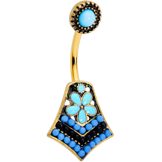 Gold Tone Shades of Blue Geometric Double Mount Belly Ring