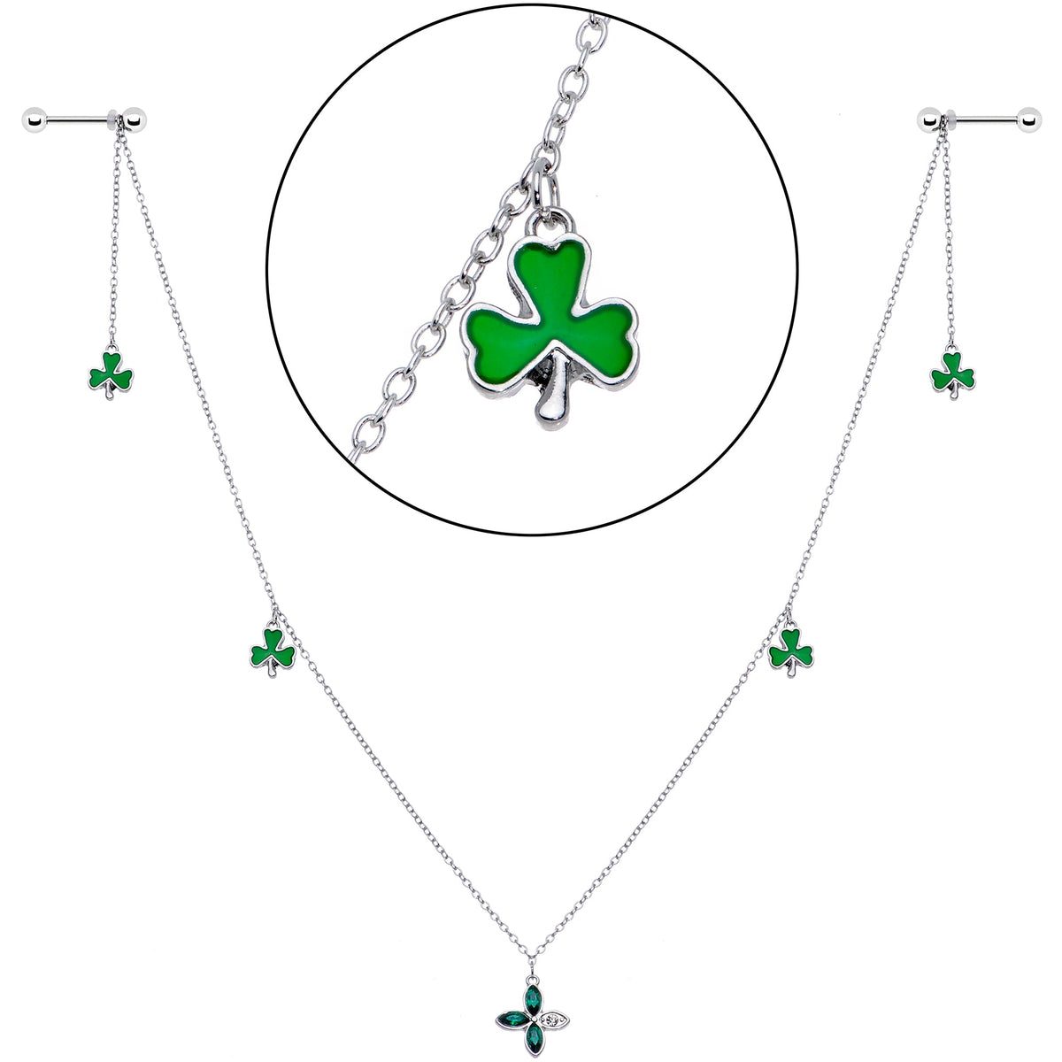 14G 9/16 Green Gem Shamrock St Patricks Day Dangle Nipple Chain