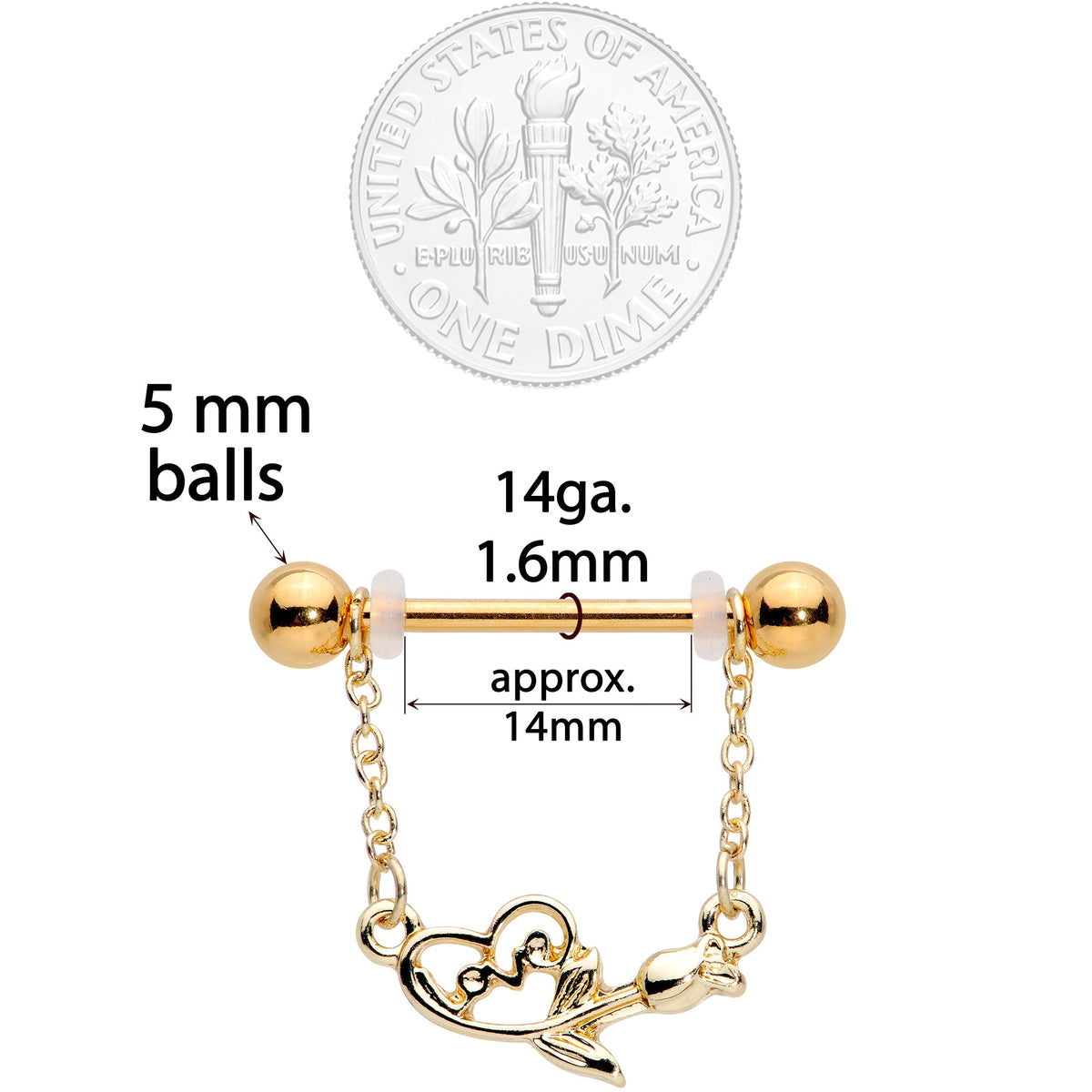 14G 11/16 Gold Tone Love Rose Dangle Nipple Ring Set
