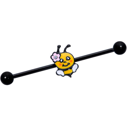 14G Aurora Gem Black Yellow Happy Bee Industrial Barbell 38mm