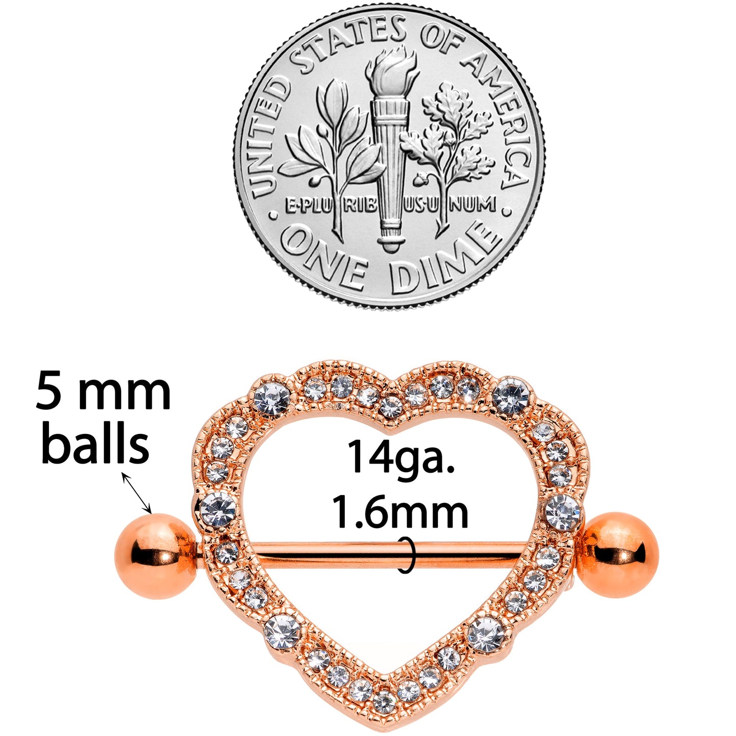 14G 9/16 Clear Gem Rose Gold Tone Love Hearts Nipple Shield Set