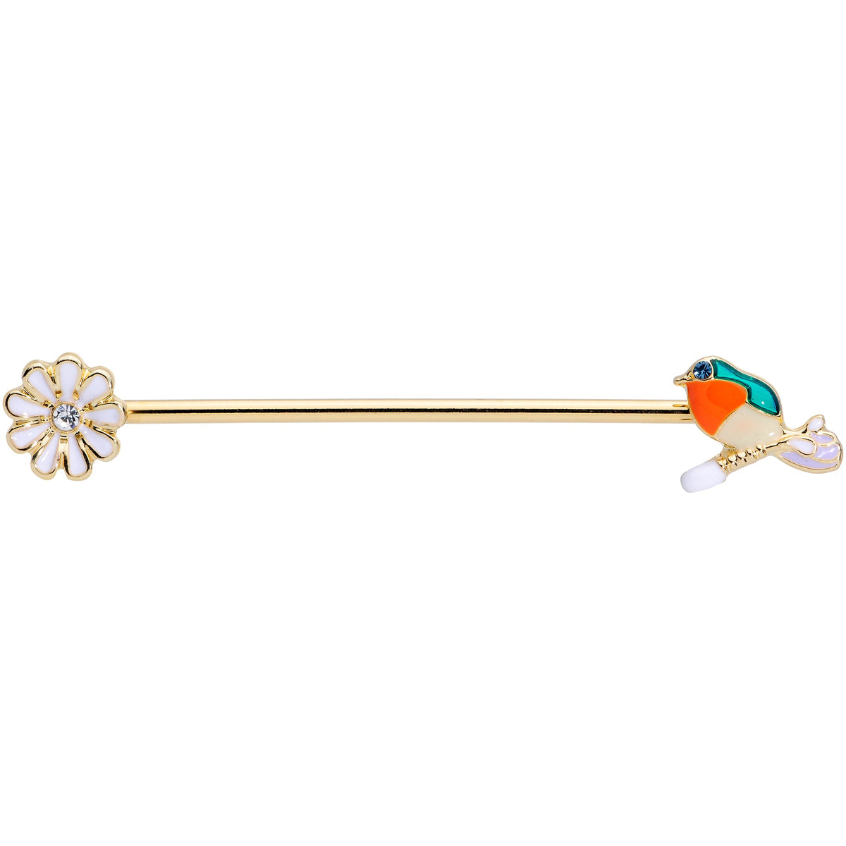 14G Green Gem Gold Tone Perch Bird Industrial Barbell 38mm