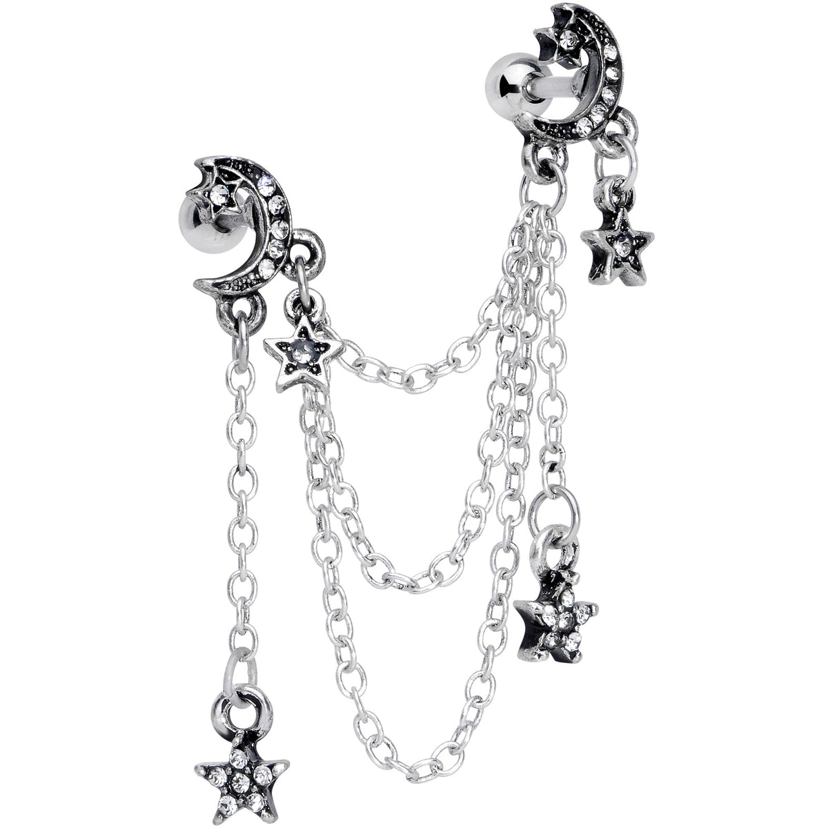 16G 1/4 Clear Gem Moon Star Triple Dangle Cartilage Chain Earring