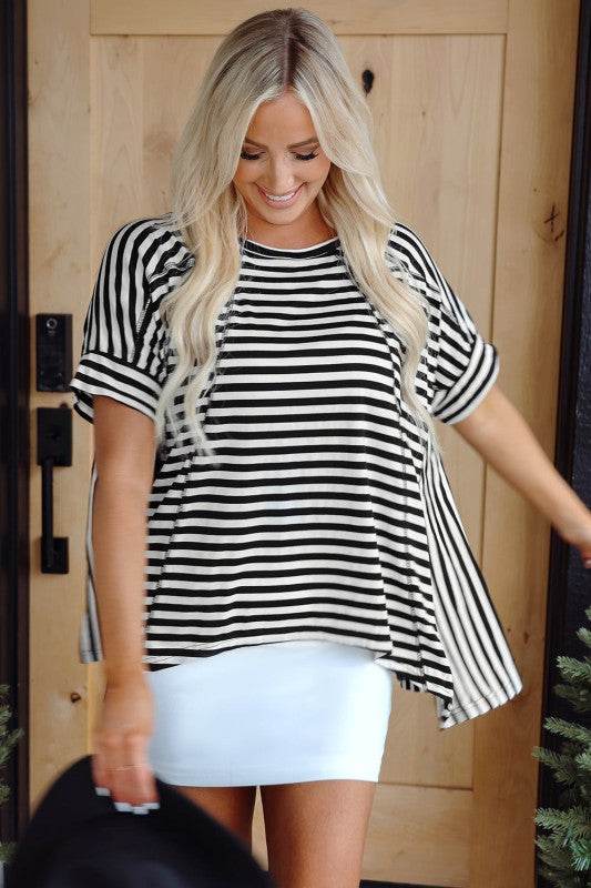 Alia Stripe Batwing Sleeve Crewneck Oversized Top