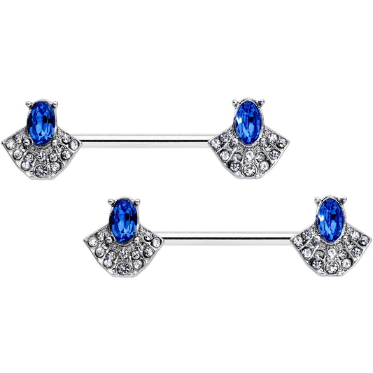 14G 5/8 Blue Clear Gem Art Deco Fan Barbell Nipple Ring Set