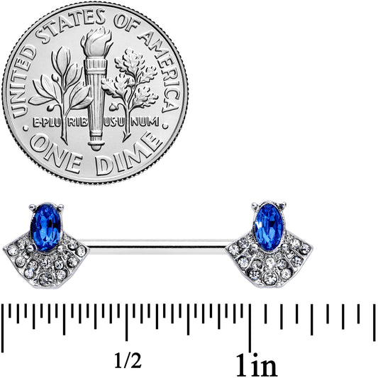 14G 5/8 Blue Clear Gem Art Deco Fan Barbell Nipple Ring Set