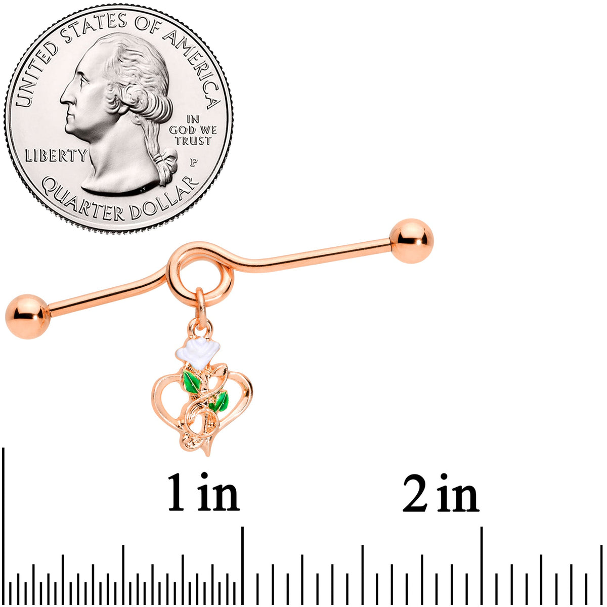 14G Rose Gold Tone Heart Flower Music Dangle Project Bar 38mm