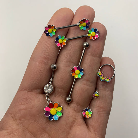 Clear Gem Rainbow Hippie Flower Dangle Belly Ring