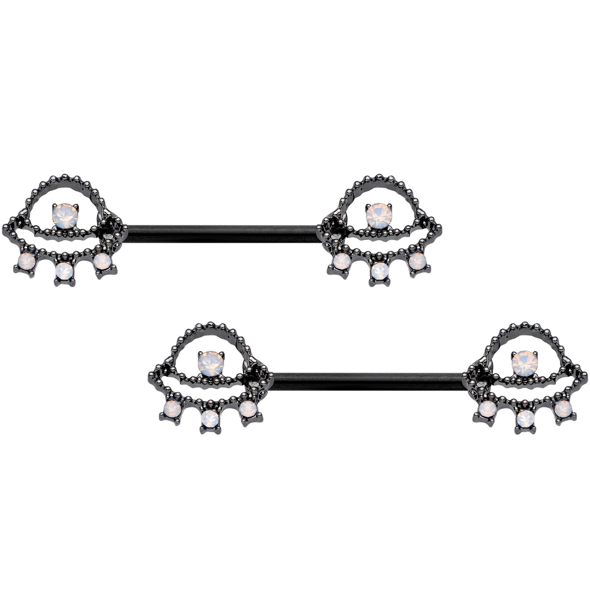 14G 9/16 White Faux Opal Black UFO Barbell Nipple Ring Set