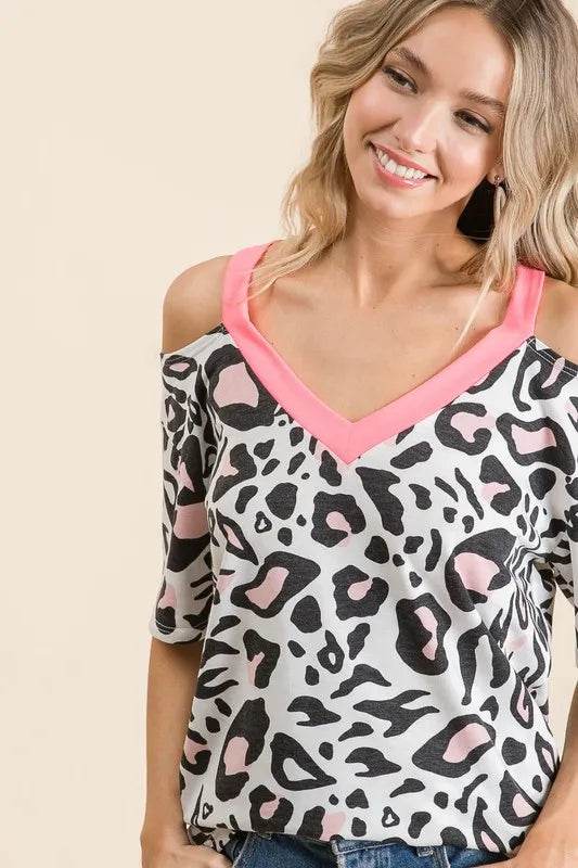 BiBi Leopard Print Top with Shoulder Cut Out