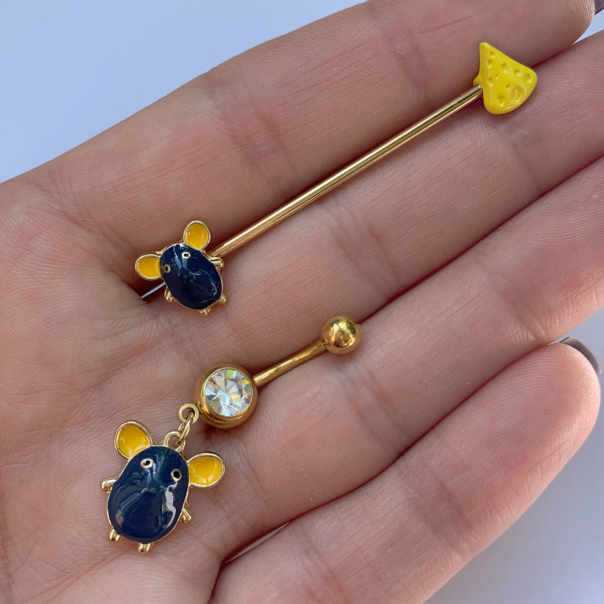 14G Gold Tone Black Mouse Cheese Industrial Barbell 38mm