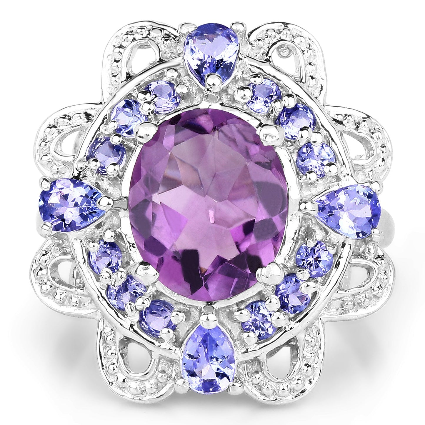 3.13 Carat Genuine Amethyst and Tanzanite .925 Sterling Silver Ring