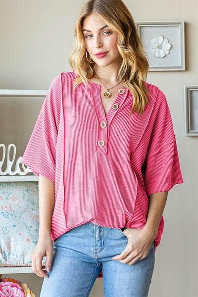 Heimish Ribbed Half Button Top - Full Size Drop Shoulder Style