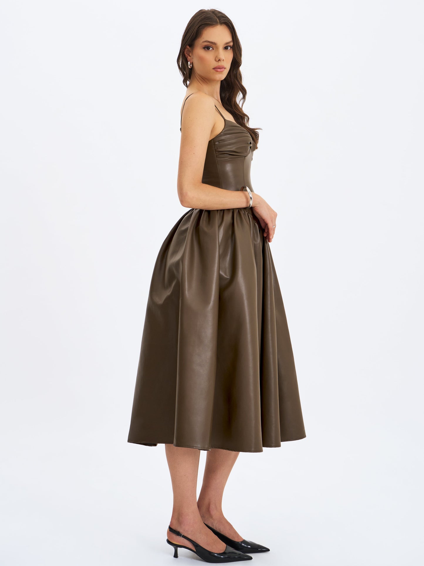 Parisia Cocoa Vegan Leather Drop Waist Midi Dress