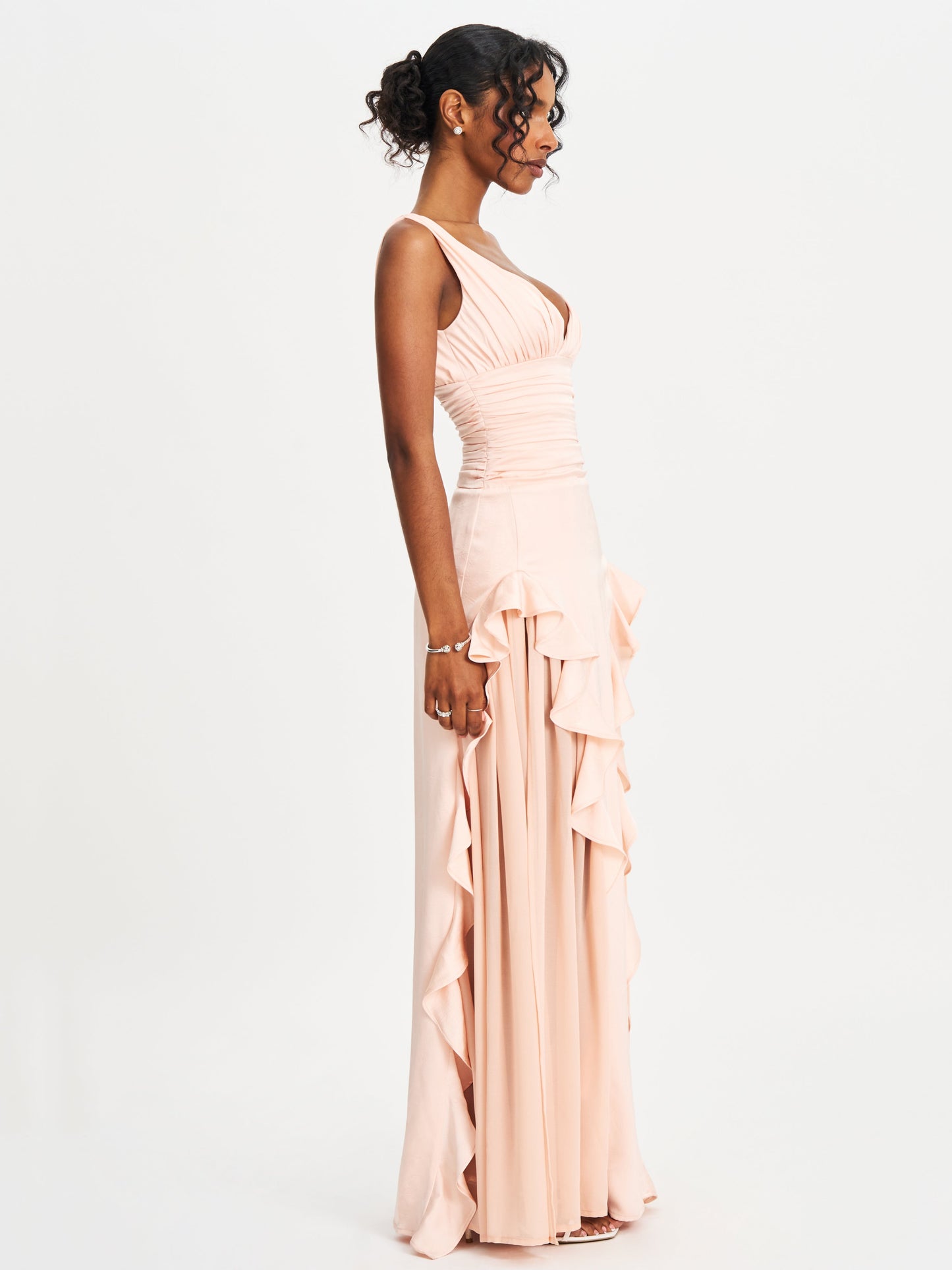 Talyssa Baby Pink Ruched Waist Double High Slit Maxi Gown (Archive Sale)