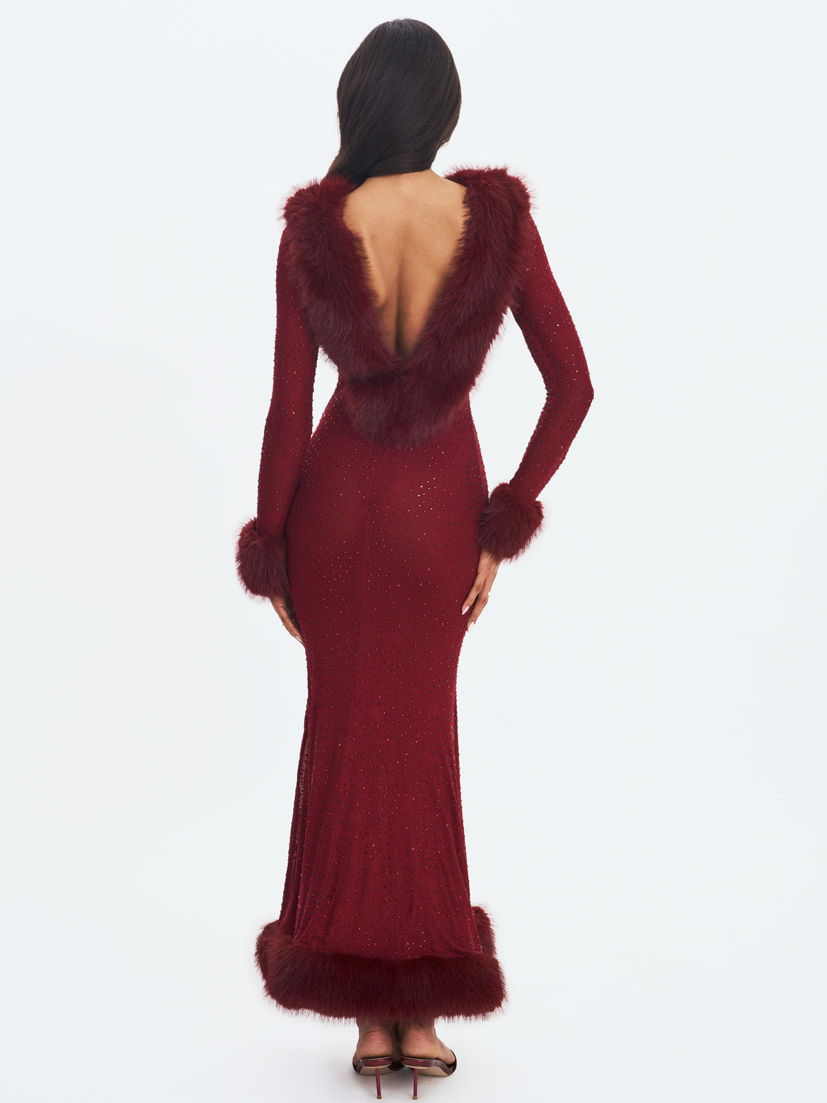 Melrose Burgundy Petite-Length Rhinestone Mesh Low Back Mermaid Gown
