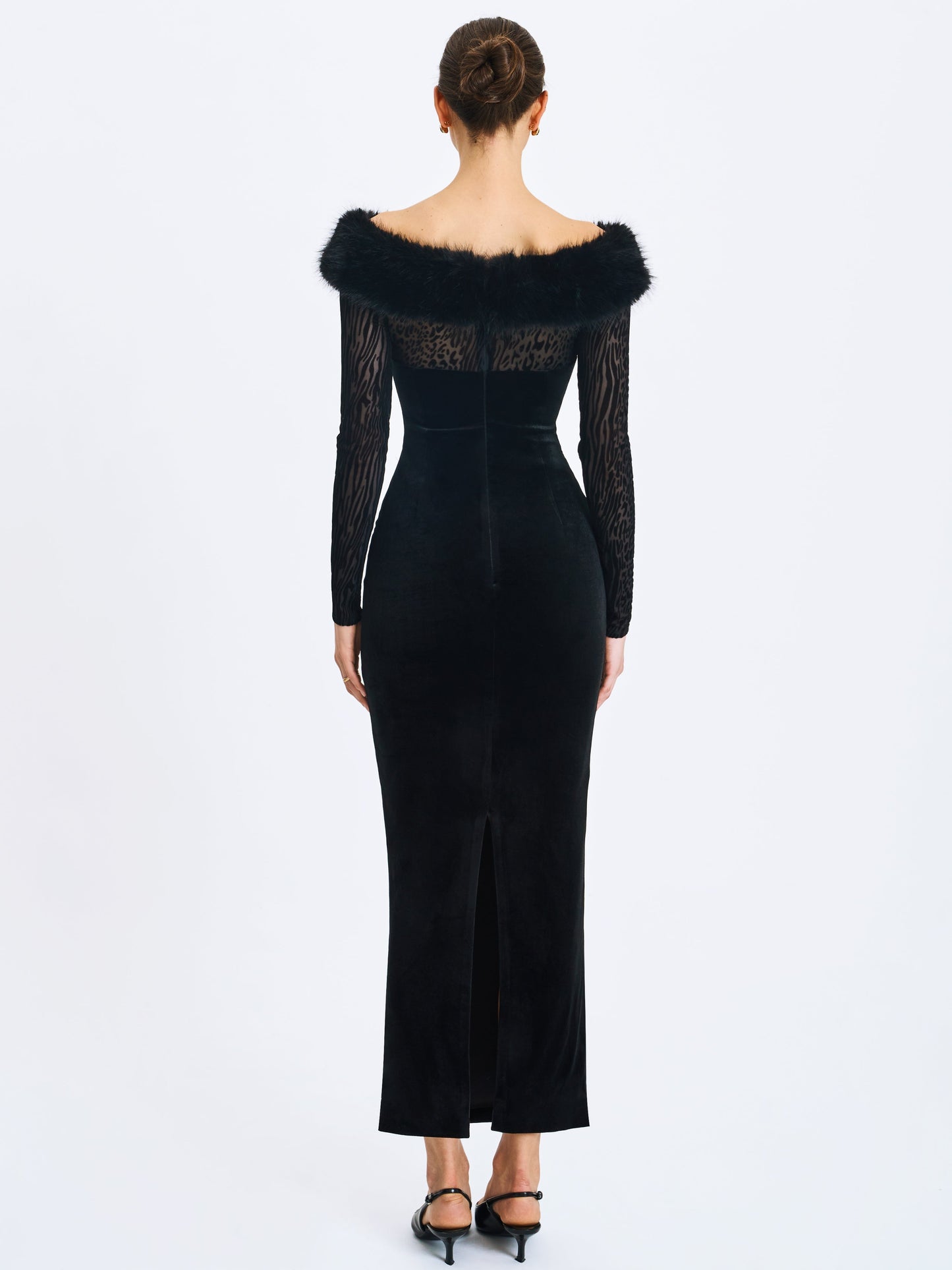 Alexis Black Velvet Animal Print Fur Boatneck Maxi Dress